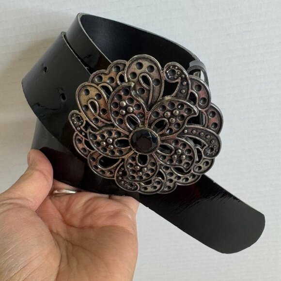 Y2K 90s Antoniazzi Firenze Genuine Patent Leather Belt Ornate Floral Buckle S/M - Picture 11 of 11